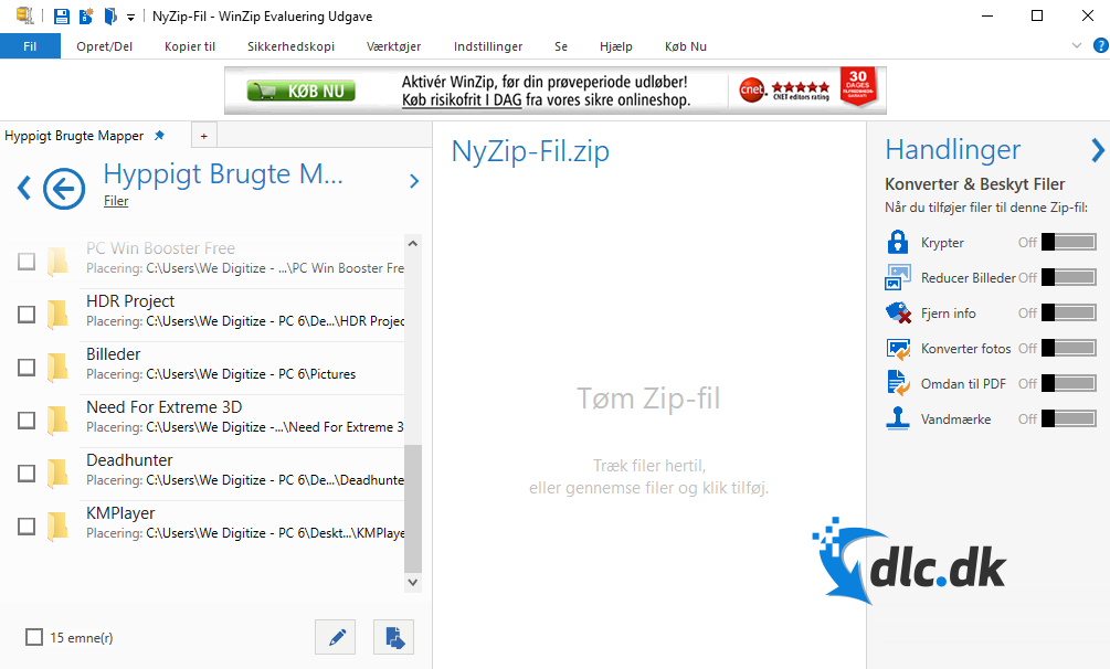Screenshot af WinZip (Dansk)