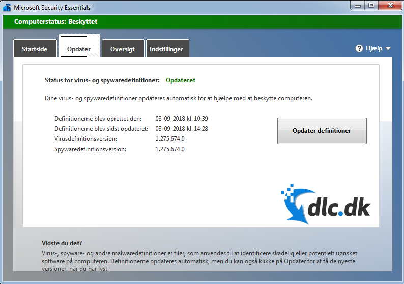 Screenshot af Microsoft Security Essentials