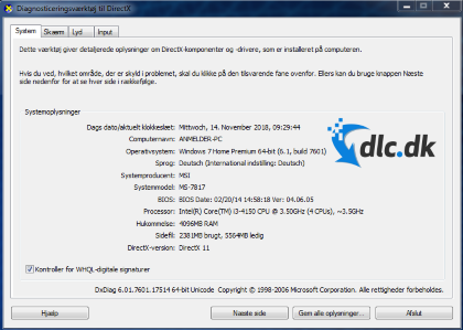 Screenshot af DirectX (Dansk)