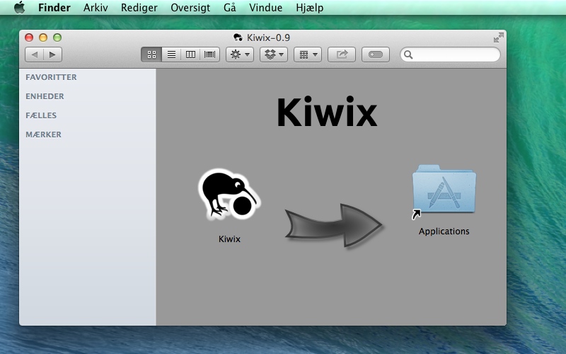 Screenshot af Kiwix til Mac (Dansk)