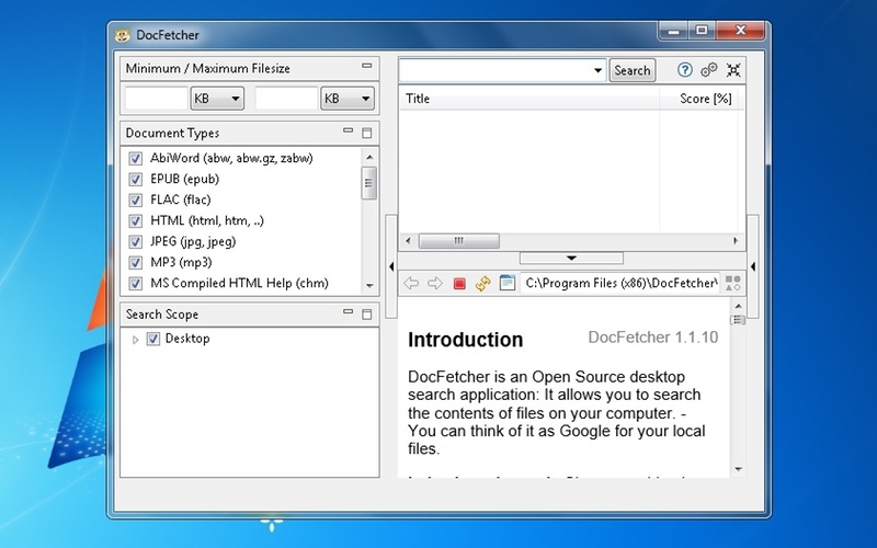 Screenshot af DocFetcher til Mac