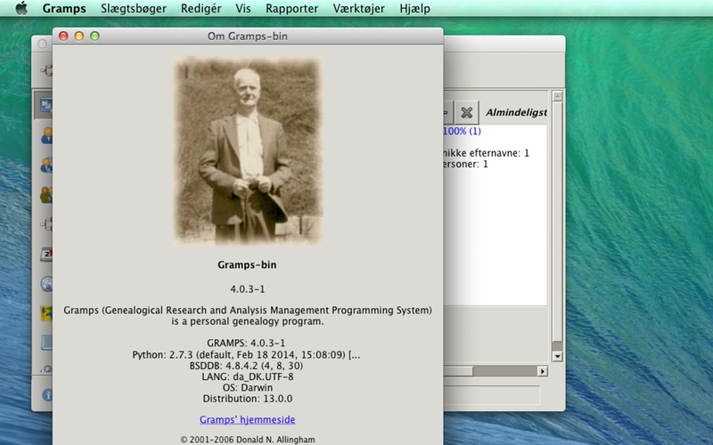 Screenshot af Gramps til Mac (Dansk)