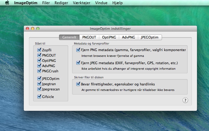 Screenshot af ImageOptim til Mac (Dansk)