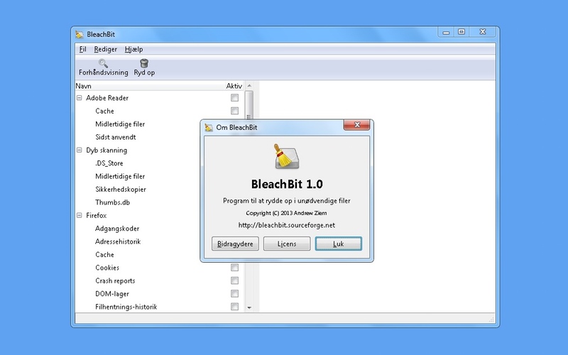 Screenshot af BleachBit (Dansk)