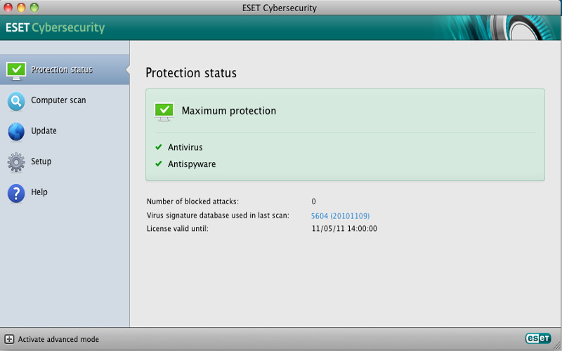 Screenshot af ESET Cyber Security til Mac