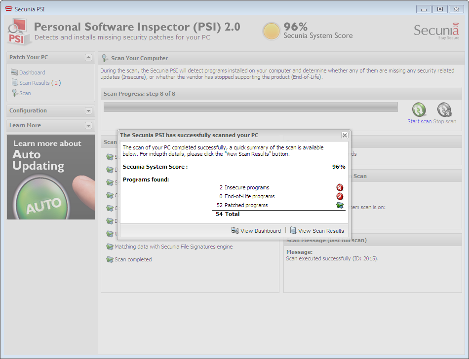 Screenshot af Secunia Personal Software Inspector (PSI - dansk)