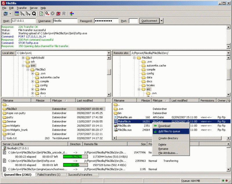 Screenshot af FileZilla