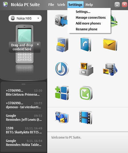 Screenshot af Nokia PC Suite (dansk)