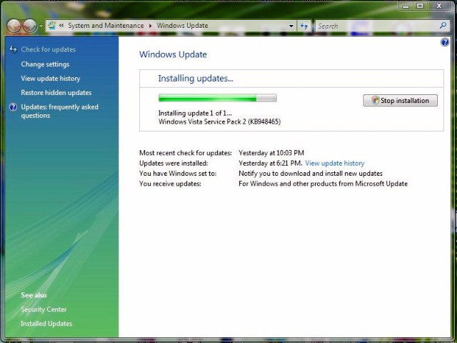 Screenshot af Windows Vista Service Pack